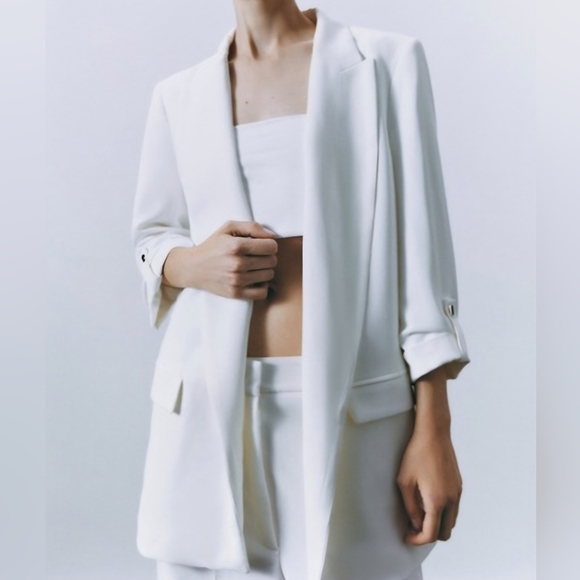 Zara White Blazer Size S Rolled Up Sleeves Business Casual Minimalist Office - Picture 2 of 12